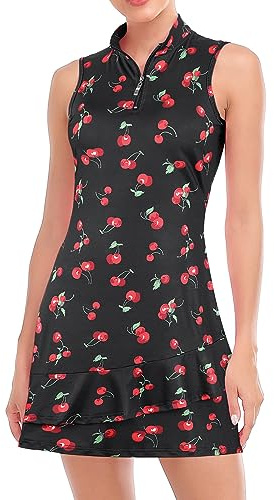 Viracy Tennis Dress for Women Sleeveless Golf Dresses with Shorts and Pockets Ruffle Zip Up Stand Collar Golf Outfits, Cherry-a, S