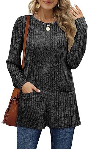 Aokosor Long Sleeve Tops Women Lightweight Jumpers Ladies Sweatshirts with Pockets Dark Grey Size 18-20