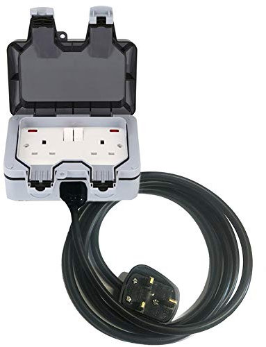 2 Gang IP66 Outdoor Socket,Weatherproof Outdoor Sockets With Extension Lead,Wall Electrical Outlets Box Switched Exterior Socket 13A with Indicator Light for Bathroom Garden Garage Yard (20M)