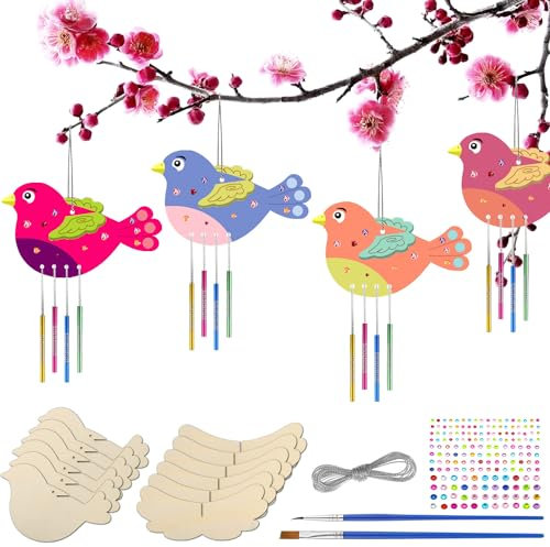 Graplan 34 Stück 3D Vogel Holz Windspiel Bastelset für Kinder - Bastelhandwerk zum Bemalen - Kindergeburtstag für Mädchen und Jungen