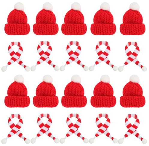 Mini Weihnachtsmütze, Flaschen Deko Weihnachten, 20 Stück Weihnachtsmützen Mini und Mini Schal Set,Kleine Weihnachtsmützen Geeignet für Weihnachten