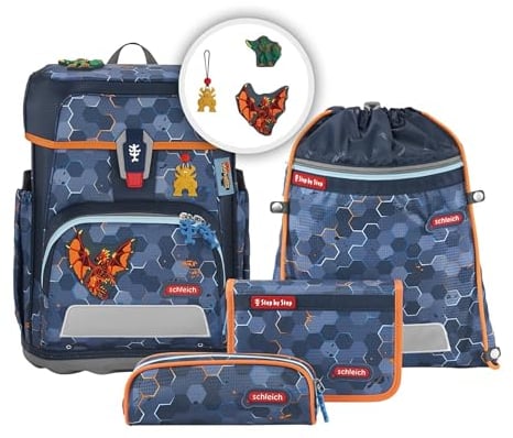 Step by Step Schulranzen-Set Cloud Schleich, Eldrador Creatures®, Lava Dragon, 5-teilig, blau, ergonomischer Tornister, Reflektoren, höhenverstellbar, Hüftgurt, ab 1. bis 4. Klasse, 19l