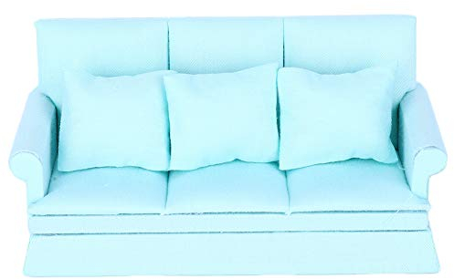 Dilwe 1:12 Puppenhaus-Sofa Hölzerne Puppenhaus-Couch mit DREI Kissen Mini-Puppenhaus-Möbeldekoration für das Wohnzimmer des Puppenhauses (Wasserblau