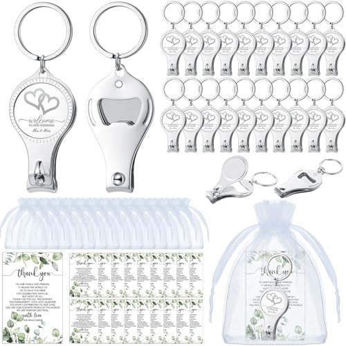 Fulmoon Wedding Multi Function Bottle Opener Nail Clipper Wedding Favors Brewery Cards White Organza Bags for Party Supplies Gift Souvenir Guests Men Women(100 Sets)