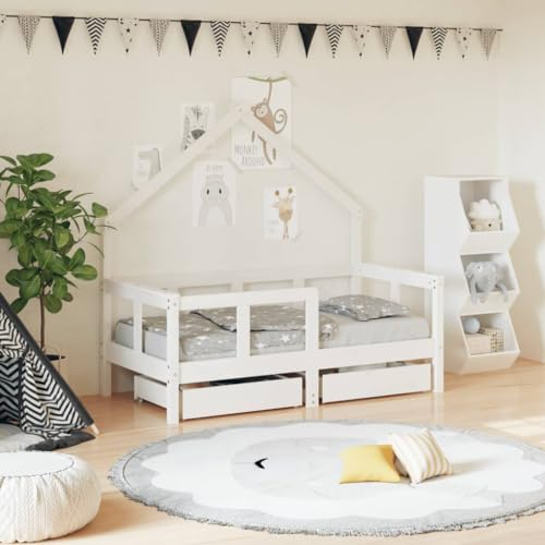 Festnight Hausbett 70x140 cm mit Schubladen ohne Matratze, Kinderbett mit Schubladen, Kinder Haus Bett aus Kiefer Holz für Kinder und Jugend Weiß