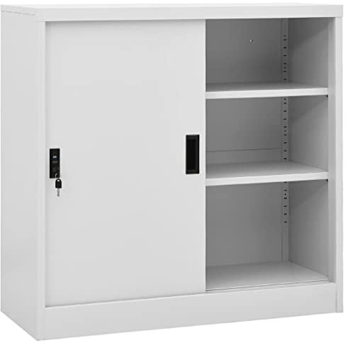 prissent 90 x 40 x 90 cm Armoire de bureau porte coulissante gris clair en acier meuble bas meuble portes coulissantes armoire porte documents