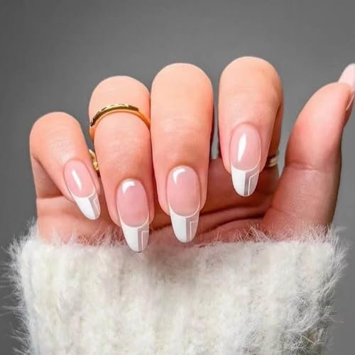 SINLOV Lot de 24 faux ongles longs en forme d'amande brillants à presser sur les doigts Rose Nude Ballerine Faux ongles French Full Cover pour femmes et filles