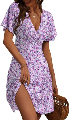 FENSACE Sundresses for Women Over 50 Purple Flowy Dresses for Wedding Guest