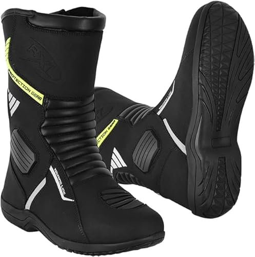 Stivali da moto da uomo Stivali da avventura e turismo, impermeabili, rinforzati e leggeri, suola in gomma antiscivolo, protezione caviglia e tallone, dettagli riflettenti CE, Nero , 45 EU