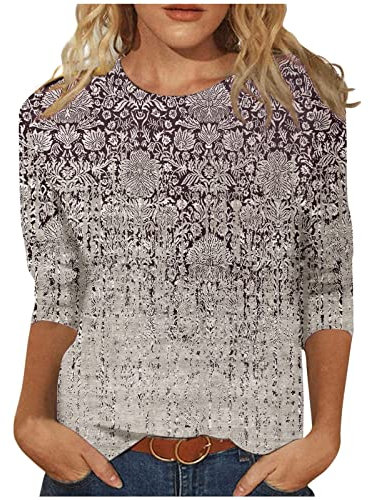 Generic Ladies 3/4 Sleeve Tops Ladies 3/4 Length Sleeve Tops Casual Summer Round Neck Shirts Print Loose Fit Three Quarter Length Sleeve Blouses 03-Pink M