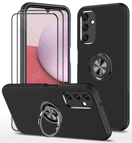 Dechyi Funda para Samsung Galaxy A05s (6.7) y 2 Piezas Protector de Pantalla Cristal Vidrio Templado Carcasa robustez Durabilidad con Anillo Soporte- Negro