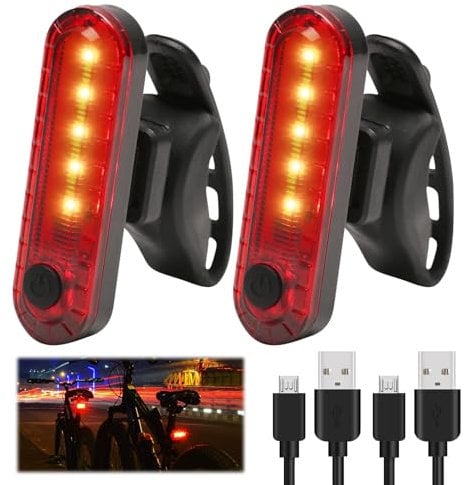 2 Pack LED Rear Bike Tail Lights, Ultra Bright USB Rechargeable TailLight Waterproof Back Bike TailLight Easy Installation For Cycling Safety Warning Fits On Any Bike or Helmet 4 Light Modes (RED)