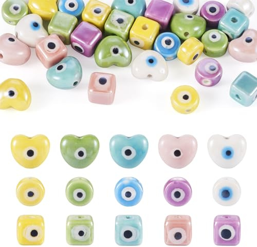 PandaHall 30 Stück Evil Eye Cube Porzellan-Perlen, flach, rund, Keramik-Augapfelperlen, Herz-Abstandhalter, lose Perlen für Armbänder, Halsketten, Ohrringe, Schmuckherstellung