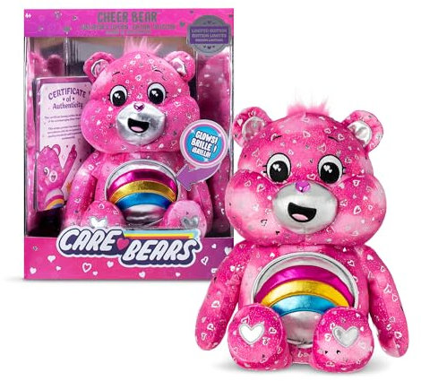 Basic Fun Care Bears Cheer Bear Collector Edition: 35cm Care Bears Plush Toy with Light-Up Shiny Belly Badge, Heart-Patterned Fur, Perfect for Collectors & Snuggles