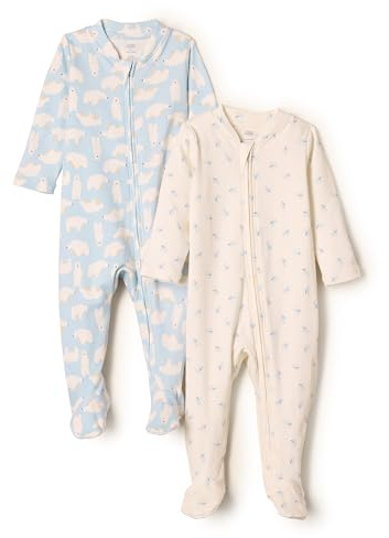Amazon Essentials x Sofia Grainge Unisex Baby Schlafanzug aus Baumwolle und Füßen, 2er-Pack, Blau Kaninchen Bär, 0-3 Monate