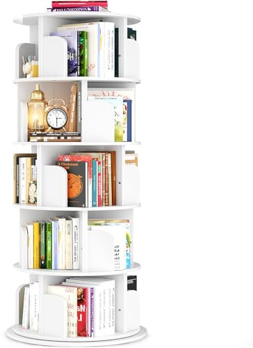Besiost Drehbares Bücherregal, Turm, 5 Etagen, drehbares Bücherregal, 360 Grad drehbar, schmal, hoch, vertikal, drehbar, rund, Bücherregal, Organizer, Holz-Eck-Bücherregal für kleinen Raum, Weiß