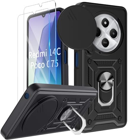 COPIKE Funda Armor para Xiaomi Redmi 14C / Redmi A4 / Poco C75 con 2 Piezas Cristal Templado, Carcasa Antigolpes Cubierta de Cámara Deslizante Proteger con Soporte Giratorio de Anillo, Negro