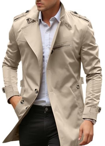 Oanviso Manteau Homme Trench-Coat Classique Pardessus Coupe Vent Parka Veste Long Trench-Coat Mode Manteaux Blouson Windbreaker Coupe Ajustée Grande Taille A Kaki M