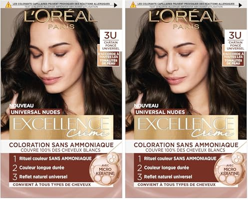 L’ORÉAL PARIS - Coloration Cheveux Permanente - Longue Durée - Résultat Naturel & Lumineux - Couvre 100% des Cheveux Blancs - Excellence Crème Universal Nudes - Nuance : Châtain Foncé Universel (3U)