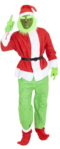 Rubies Grinch Kostüm für Erwachsene, Jacke mit Hose und Gürtel, Stiefelstulpen, Handschuhe, Mütze und Maske, grünes Monster für Weihnachten, Weihnachten, Cosplay, Weihnachtsmann