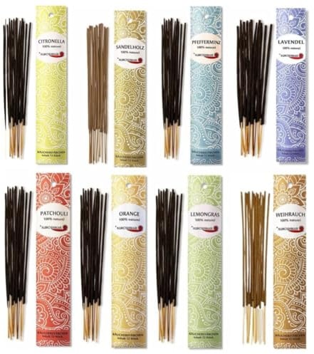 AUROSHIKHA 8 Düfte je 12 Stäbchen – Indische Räucherstäbchen 100% natürlich ohne Chemie, hochwertige Öle & Pulver – Traditionelles Räucherwerk für Meditation, Raumreinigung & Entspannung
