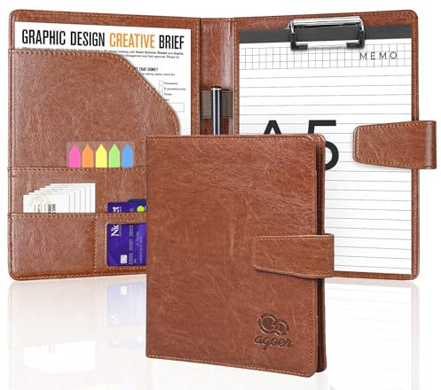 Agoer Carpeta de conferencias de piel sintética A5 con pestañas adhesivas de papel A5, bolígrafo, color marrón