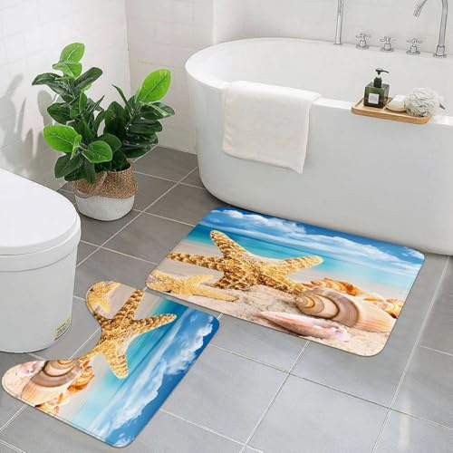 KGDHY Badezimmermatten-Sets 2-Teilig,Seesterne und Muscheln am Strand mit blauem Himmel (1),Bad und WC-Vorleger-Set,rutschfeste Badezimmerteppiche wasserabsorbierende