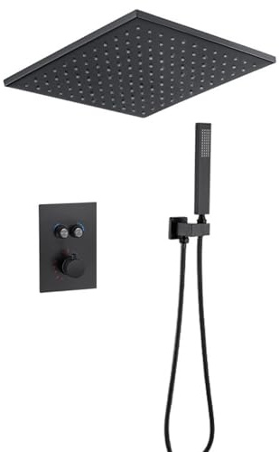 Sistema de ducha empotrable Mezclador termostático de ducha Cabezal de ducha negro y juego de manguera Kit de cabezal de ducha de techo cuadrado, Ducha de lluvia de latón -A, 12 pulgadas - Función d