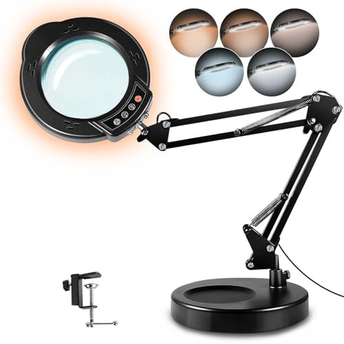 12X Lupe mit Licht,lupenleuchte mit Licht und Ständer, 5 Farbmodi Stufenlos Dimmbar, Upgrade 84 LED lupenlampe , standlupe mit Beleuchtung für Naharbeiten, Hobby, Malen, Lesen, Reparatur (Black)