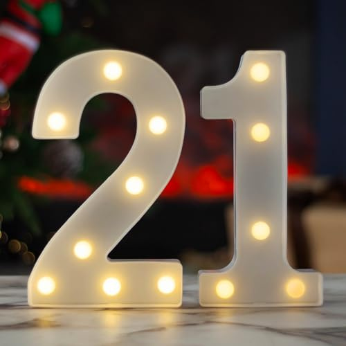 SKYPHAROS LED Marquee Letter Lights, Decorative Light Up Numbers for 21th Birthday Party, Battery Operated, Warm White Small Marquee 21 Sign for Anniversary Decorations