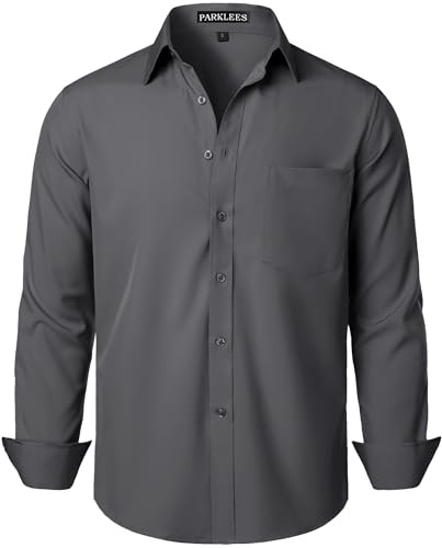 PARKLEES Men's Regular Fit Dress Shirt Solid Wrinkle-Free Long Sleeve Casual Business Button Up Shirts with Pocket