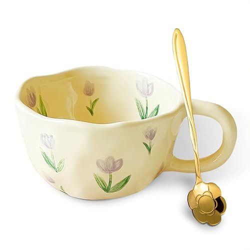 Keramik Tasse mit Löffel, Tasse Blumen, Kawaii Cappuccino Tassen 250ml, lila Tulpe, Teetasse, Geburtstagsgeschenk für Mädchen, Geschenk für das Liebesgeständnis