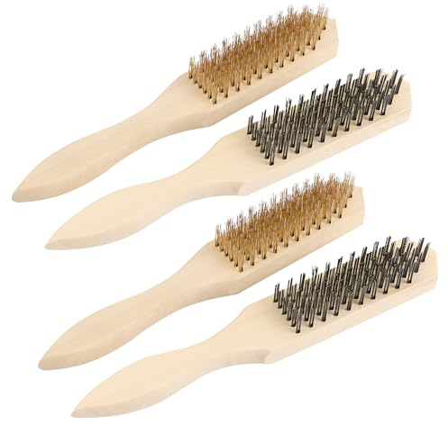 4 Stück Drahtbürste Set, 27cm Messing-Drahtbürste mit Holzgriff Drahtbürsten Edelstahl-Handdrahtbürste Stahlbürste Messingbürste für Sauberen Rost Schmutz Metallbürste Wire Brush