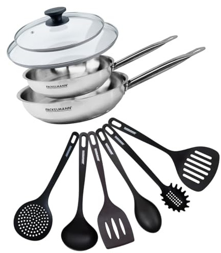 Fackelmann 9439350 Set mit 2 Pfannen 24 und 28 cm aus Edelstahl 18-8, 2 Glasdeckel und 6 Utensilien, Pfanne für alle Herdarten, Induktion, Pfanne ohne PFAS, genieteter Griff, Edelstahl, Glas