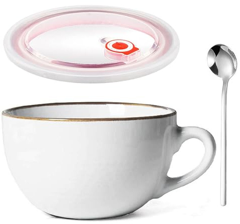 Groß Tasse Keramik, 700ml Groß Müslischalen mit Henkel, Salat Schale, Große Teetasse Mit Deckel und Löffel, Wiederverwendbar Porzellan Kaffee Tasse, Porzellan Suppenschüssel, Für Restaurants(Weiß)