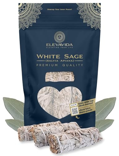 ELEVAVIDA Weißer Salbei zum Räuchern aus Kalifornien, getrocknet (Salvia Apiana), 3 Stück Räucherbündel - White Sage Smudge Sticks, Räucherwerk zur energetischen Reinigung