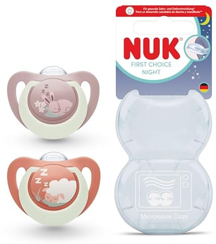 NUK First Choice Night Baby-Schnuller | 0-6 Monate | kieferorthopädischer Schnuller, leuchtet im Dunkeln | Beruhigt 99% der Babys ** | Kaninchen/Schaf | 2 Stück