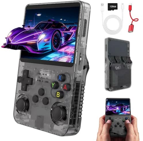 Console di gioco portatile retrò R36S, console retrò da 128 GB, console portatile con schermo IPS da 3,5 pollici, mini console retrò portatile, console emulatore per sistema Linux Game Boy (nero)