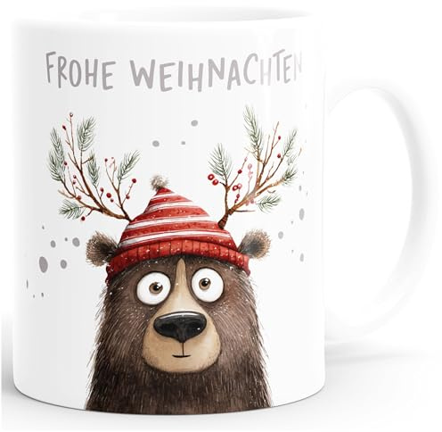 SpecialMe® Weihnachtstasse Frohe Weihnachten Lustig Tasse Braunbär Motiv Geschenkidee Adventskalender Nikolaus Keramiktasse Coole Tasse für Kaffee und Tee Weiss standard