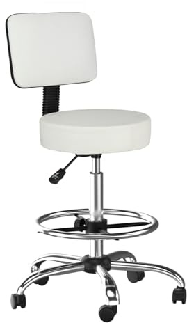 TactFire Ergonomischer Rollhocker mit Rückenlehne Arbeitshocker Drehhocker Rollhocker 360° drehbar Höhenverstellbarer 48-58cm für Büro Salon (Weiß1, 1)