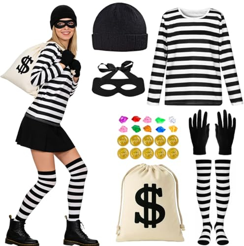 Bankräuber Kostüm Damen, Frauen Räuber Kostüm Damen, Einbrecher-Kostümset mit Oberteil, Strickmütze, Handtasche, Kniestrümpfe, Handschuhe, Maske, Edelsteine, Dieb Kostüms für Halloween Karneval (XL)
