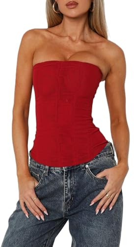Cheluzz Women Lace Y2K Strapless Bustier Corset Back Zip Mesh Boned Bodyshaper Tube Top Slim Fit Going Out Bustier Clothes