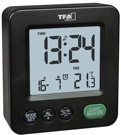 TFA Dostmann Digitaler Funk-Wecker Mini, 60.2567.01, batteriebetrieben, Innentemperatur, Zeitzoneneinstellung, individuelle Snooze-Dauer, Wochentag, schwarz