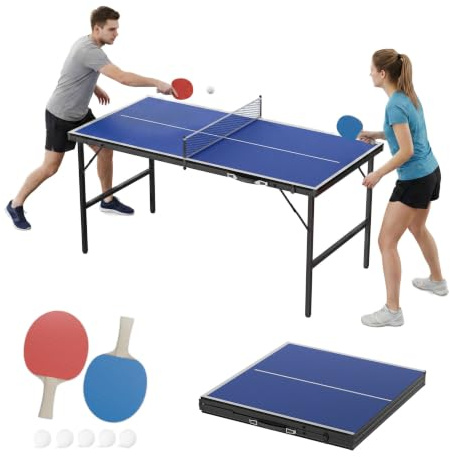 UISEBRT Mini Tischtennisplatte klappbar 152.5x76cm, MDF Tischplatte mit Metallgestell, komplettes Ping Pong Set mit 2 Schlägern 5 Bällen Netz Tasche, Indoor & wettergeschützter Outdoor Tisch