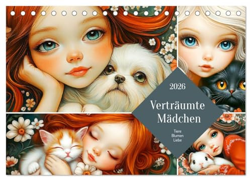 Verträumte Mädchen. Tiere, Blumen, Liebe. (Tischkalender 2026 DIN A5 quer), CALVENDO Monatskalender: Zauberhafte Momente inmitten von Blumen und mit Tieren (CALVENDO Tiere)