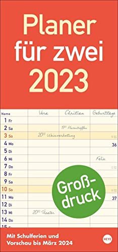 Großdruck Planer für zwei 2023. Praktischer Wandplaner für 2 mit extra großer Schrift und 3 Spalten. Wandkalender mit Schulferien und 3-Monats-Ausblick. Terminkalender 2023
