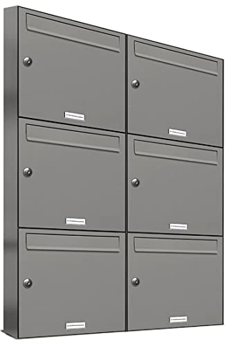 AL Briefkastensysteme 6er Briefkastenanlage Aluminiumgrau RAL 9007, Premium Briefkasten DIN A4, 6 Fach Postkasten modern Aufputz