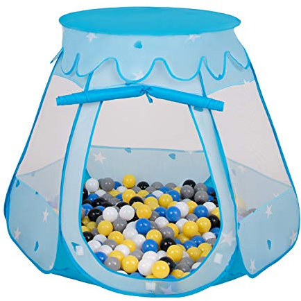 Selonis Tente 105X90cm/200 Balles Château avec Les Balles Plastiques Piscine À Balles pour Enfants, Bleu: Noir-Blanc-Gris-Bleu-Jaune