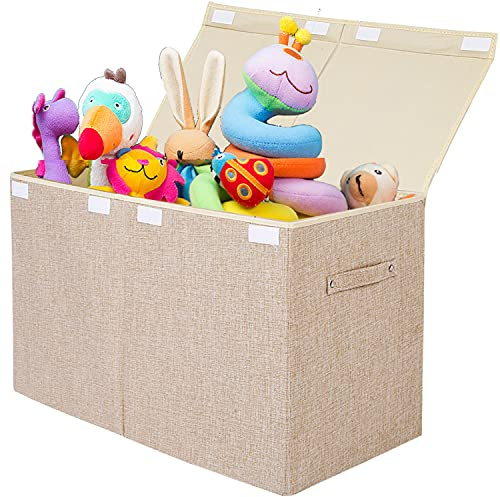 Coffre à jouets pour enfants avec couvercle, grande boîte de rangement pliable en lin pour chambre d'enfant, salle de jeux, placard (Beige lin)