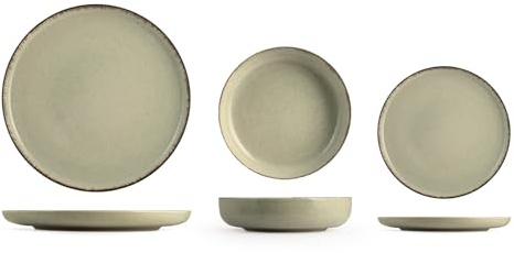 H&H - Servizio Piatti 12 Pezzi Pearl in Porcellana Verde – Elegante con Bordo Invecchiato – 4 Piatti Piani, 4 Fondi, 4 da Frutta – Lavabile in Lavastoviglie e Microonde